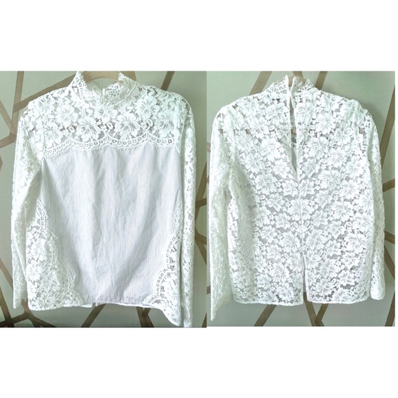 SANDRO | 🤍 White Lace Mock Neck Blouse w/ Thin Pinstripe Panel | Size 1 (Small) - Picture 2 of 16